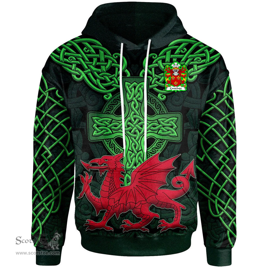 ScotsTee Shop Welsh Cantelupe Lord of Abergavenny Coat of Arms Family Crest Wales Hoodie Cymru Dragon With Celtic Cross Green Hoodie
