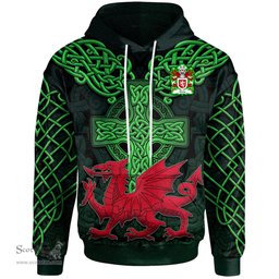 ScotsTee Shop Welsh Grey or Gray lords of Powys Coat of Arms Family Crest Wales Hoodie Cymru Dragon With Celtic Cross Green Hoodie