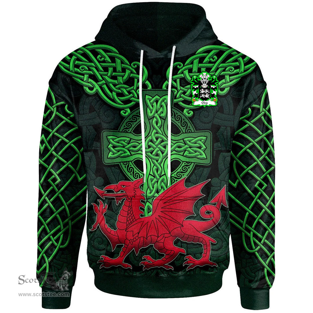 ScotsTee Shop Welsh Gleg of Cheshire Coat of Arms Family Crest Wales Hoodie Cymru Dragon With Celtic Cross Green Hoodie