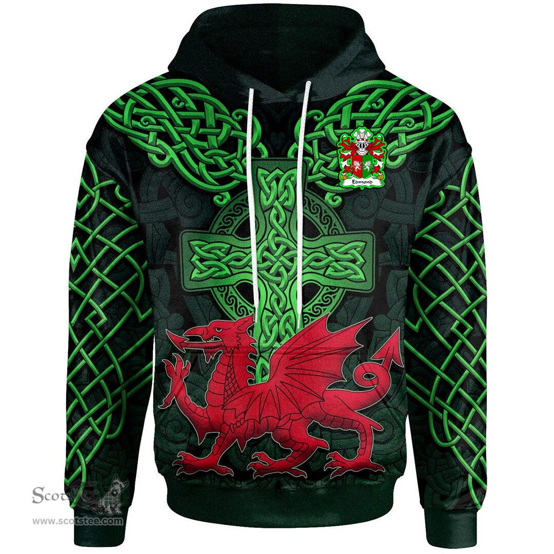 ScotsTee Shop Welsh Edmond AP MERYTH Coat of Arms Family Crest Wales Hoodie Cymru Dragon With Celtic Cross Green Hoodie