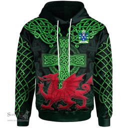 ScotsTee Shop Welsh Edward AP RHYS Coat of Arms Family Crest Wales Hoodie Cymru Dragon With Celtic Cross Green Hoodie