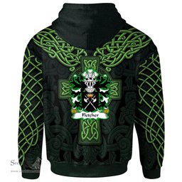 ScotsTee Shop Welsh Fletcher of Denbighshire Coat of Arms Family Crest Wales Hoodie Cymru Dragon With Celtic Cross Green Hoodie