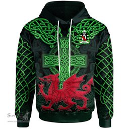 ScotsTee Shop Welsh Burghill Lord of Crickhowell Coat of Arms Family Crest Wales Hoodie Cymru Dragon With Celtic Cross Green Hoodie