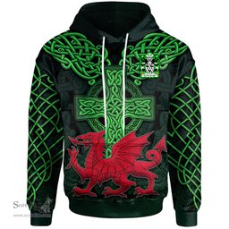 ScotsTee Shop Welsh Goodenough or Gwdinwch of Caernarfonshire Coat of Arms Family Crest Wales Hoodie Cymru Dragon With Celtic Cross Green Hoodie