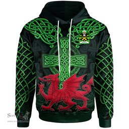 ScotsTee Shop Welsh Chaloner of Denbighshire Coat of Arms Family Crest Wales Hoodie Cymru Dragon With Celtic Cross Green Hoodie