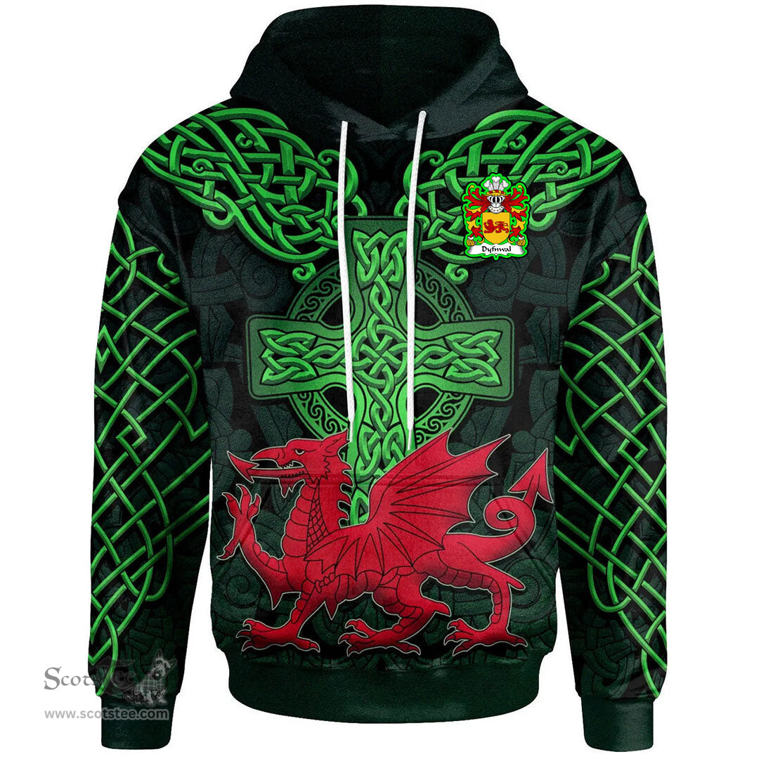 ScotsTee Shop Welsh Dyfnwal MOELMUD Coat of Arms Family Crest Wales Hoodie Cymru Dragon With Celtic Cross Green Hoodie