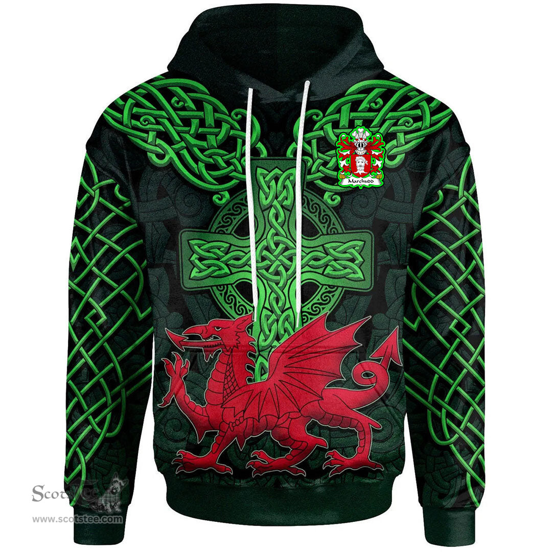 ScotsTee Shop Welsh Marchudd AP CYNAN Coat of Arms Family Crest Wales Hoodie Cymru Dragon With Celtic Cross Green Hoodie