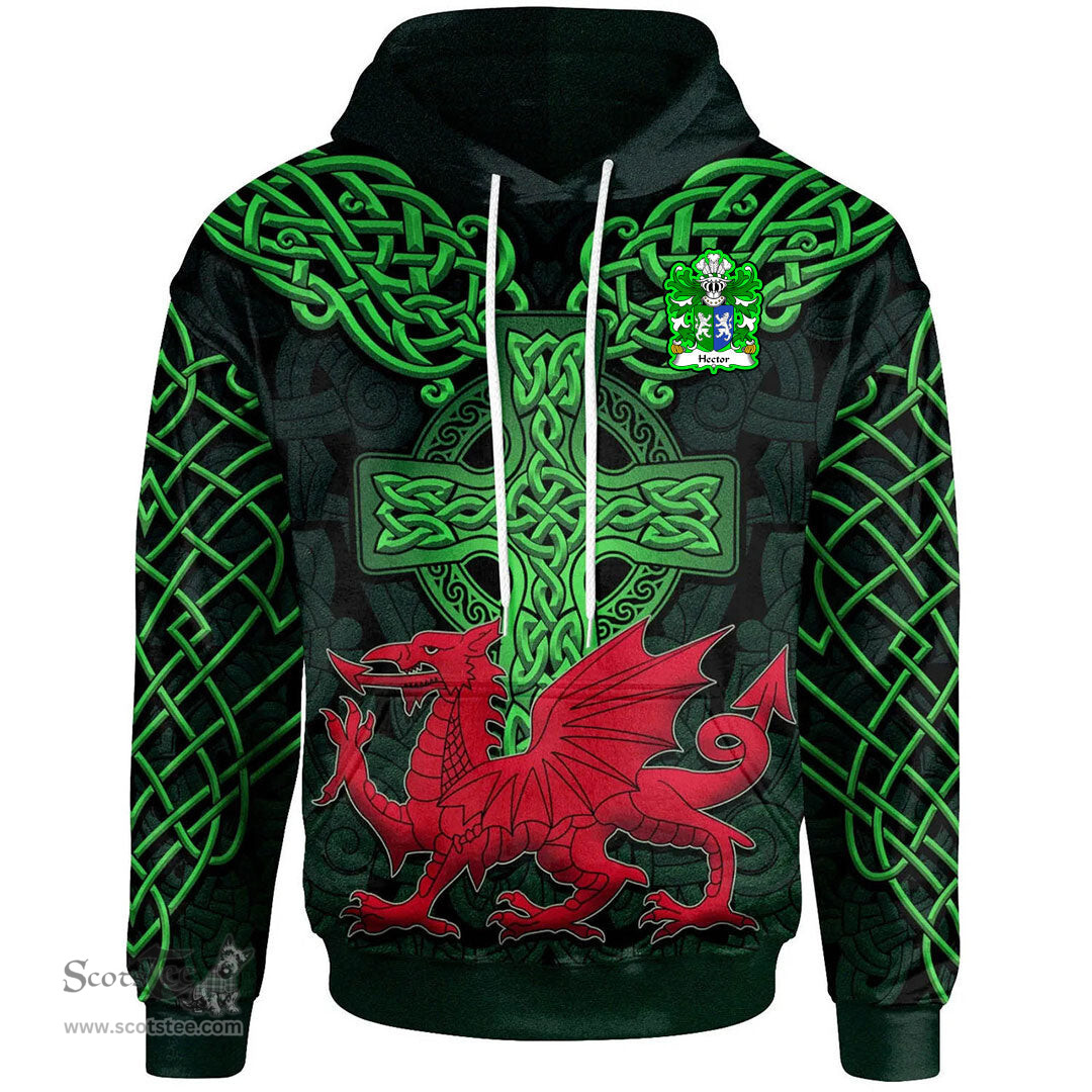 ScotsTee Shop Welsh Hector GADARN The Strong Coat of Arms Family Crest Wales Hoodie Cymru Dragon With Celtic Cross Green Hoodie