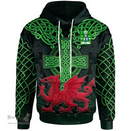 ScotsTee Shop Welsh Hector GADARN The Strong Coat of Arms Family Crest Wales Hoodie Cymru Dragon With Celtic Cross Green Hoodie
