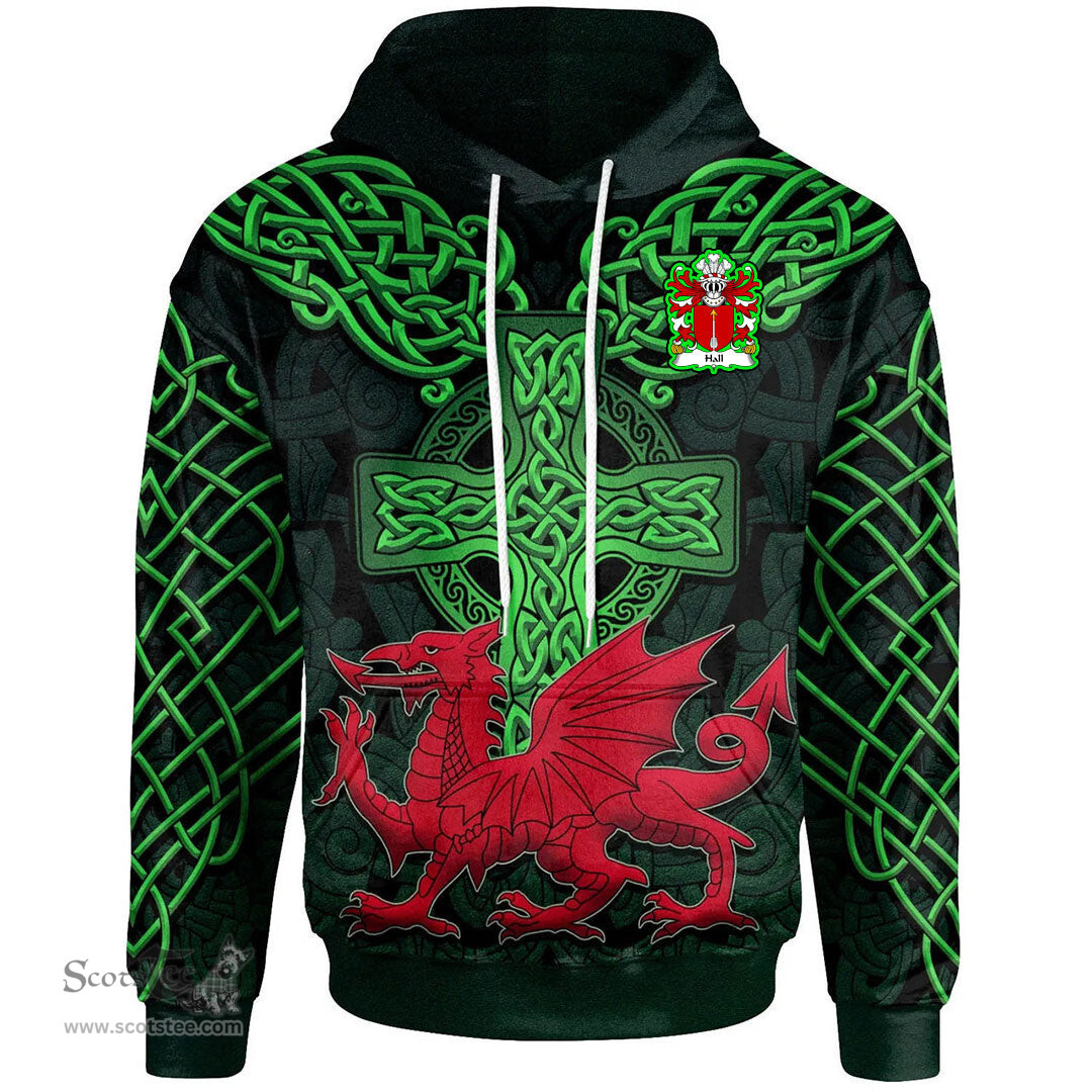 ScotsTee Shop Welsh Hall of Pembrokeshire Coat of Arms Family Crest Wales Hoodie Cymru Dragon With Celtic Cross Green Hoodie