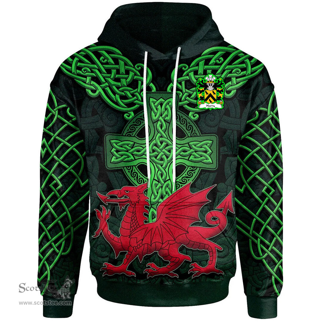 ScotsTee Shop Welsh Harry AP THOMAS Coat of Arms Family Crest Wales Hoodie Cymru Dragon With Celtic Cross Green Hoodie