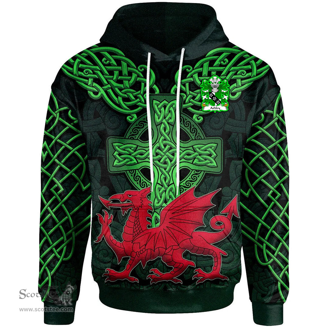 ScotsTee Shop Welsh Ashley Caernarfon Coat of Arms Family Crest Wales Hoodie Cymru Dragon With Celtic Cross Green Hoodie