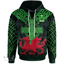 ScotsTee Shop Welsh Ashley Caernarfon Coat of Arms Family Crest Wales Hoodie Cymru Dragon With Celtic Cross Green Hoodie