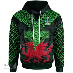 ScotsTee Shop Welsh Delahay of Breconshire Coat of Arms Family Crest Wales Hoodie Cymru Dragon With Celtic Cross Green Hoodie