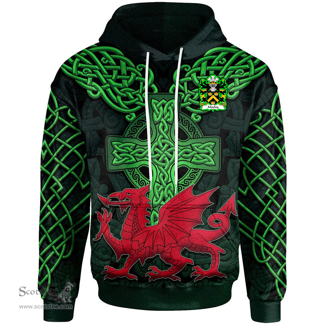 ScotsTee Shop Welsh Maelog CRWM of Arllechwedd Caernarfonshire Coat of Arms Family Crest Wales Hoodie Cymru Dragon With Celtic Cross Green Hoodie