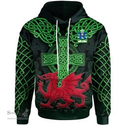 ScotsTee Shop Welsh Jones of Beaumaris Anglesey Coat of Arms Family Crest Wales Hoodie Cymru Dragon With Celtic Cross Green Hoodie