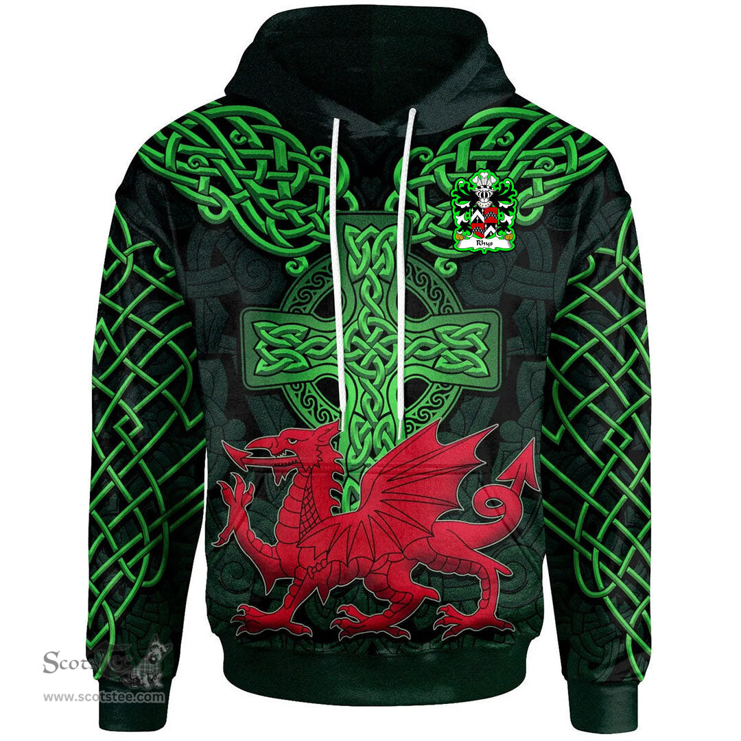 ScotsTee Shop Welsh Rhys AB EINION SAIS Coat of Arms Family Crest Wales Hoodie Cymru Dragon With Celtic Cross Green Hoodie