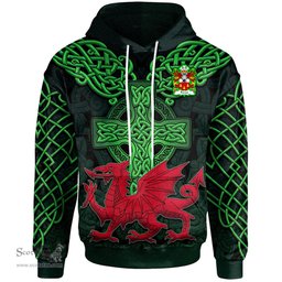 ScotsTee Shop Welsh Perrot of Haroldston Pembrokeshire Coat of Arms Family Crest Wales Hoodie Cymru Dragon With Celtic Cross Green Hoodie