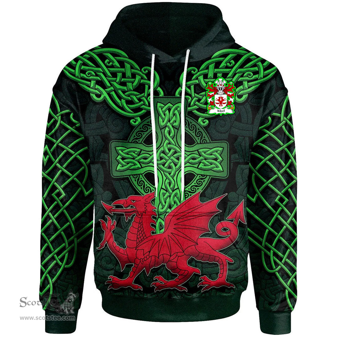 ScotsTee Shop Welsh Moel of Anglesey Coat of Arms Family Crest Wales Hoodie Cymru Dragon With Celtic Cross Green Hoodie