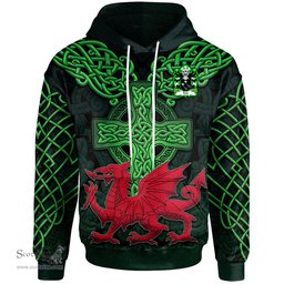 ScotsTee Shop Welsh Teilo SANT St. Teilo Coat of Arms Family Crest Wales Hoodie Cymru Dragon With Celtic Cross Green Hoodie