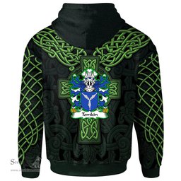 ScotsTee Shop Welsh Tomkin of Shocklach Cheshire Coat of Arms Family Crest Wales Hoodie Cymru Dragon With Celtic Cross Green Hoodie
