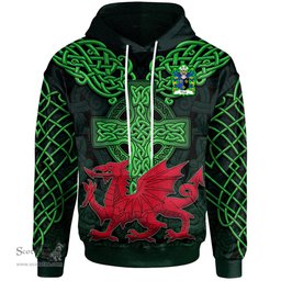 ScotsTee Shop Welsh Ynyr GWENT King of Coat of Arms Family Crest Wales Hoodie Cymru Dragon With Celtic Cross Green Hoodie