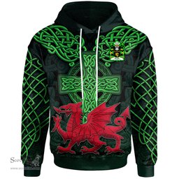 ScotsTee Shop Welsh Wallis or Welsh of Llan wern Monmouthshire Coat of Arms Family Crest Wales Hoodie Cymru Dragon With Celtic Cross Green Hoodie