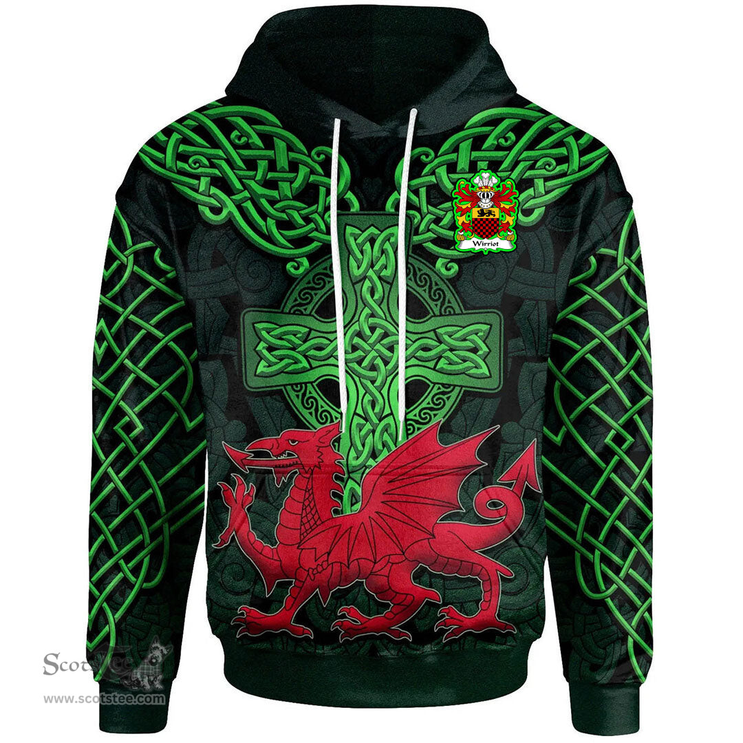 ScotsTee Shop Welsh Wirriot of Pembrokeshire Coat of Arms Family Crest Wales Hoodie Cymru Dragon With Celtic Cross Green Hoodie