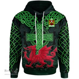 ScotsTee Shop Welsh Wirriot of Pembrokeshire Coat of Arms Family Crest Wales Hoodie Cymru Dragon With Celtic Cross Green Hoodie