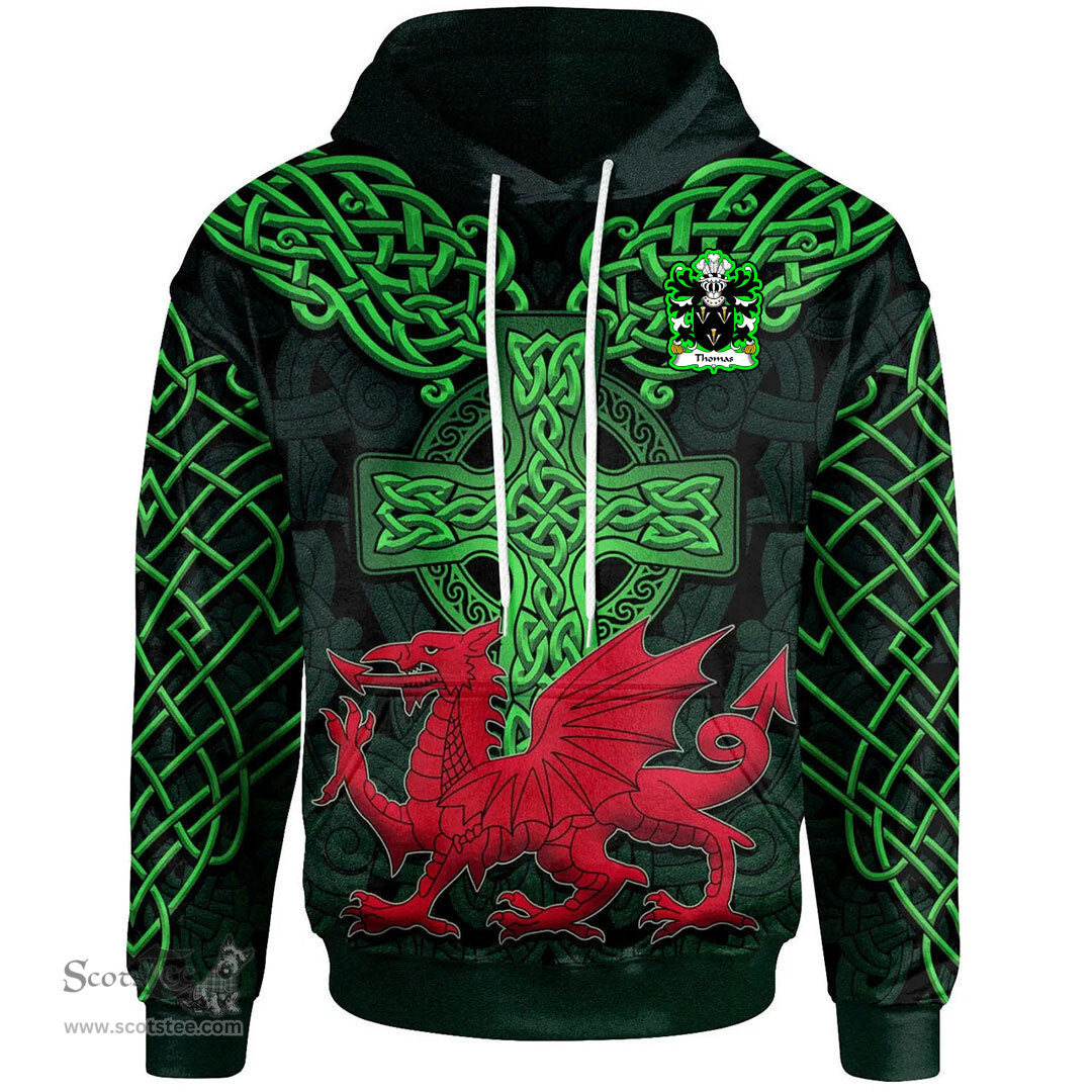 ScotsTee Shop Welsh Thomas of Monmouthshire Coat of Arms Family Crest Wales Hoodie Cymru Dragon With Celtic Cross Green Hoodie