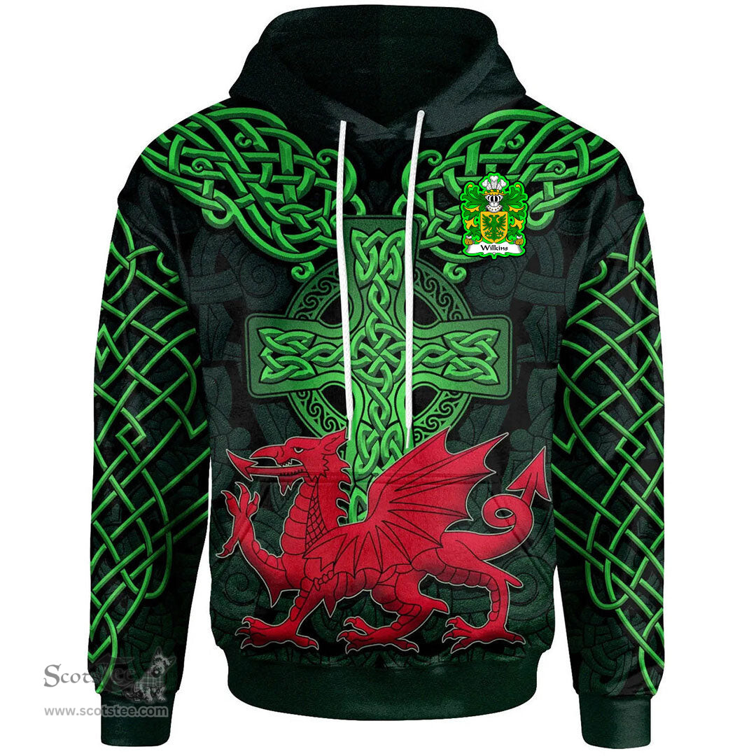 ScotsTee Shop Welsh Wilkins of Glamorgan Coat of Arms Family Crest Wales Hoodie Cymru Dragon With Celtic Cross Green Hoodie