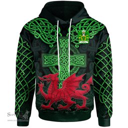 ScotsTee Shop Welsh Wilkins of Glamorgan Coat of Arms Family Crest Wales Hoodie Cymru Dragon With Celtic Cross Green Hoodie