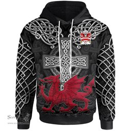 ScotsTee Shop Welsh Barri Manorbier Castle Pembrokeshire Coat of Arms Family Crest Wales Hoodie Cymru Dragon With Celtic Cross Black Hoodie