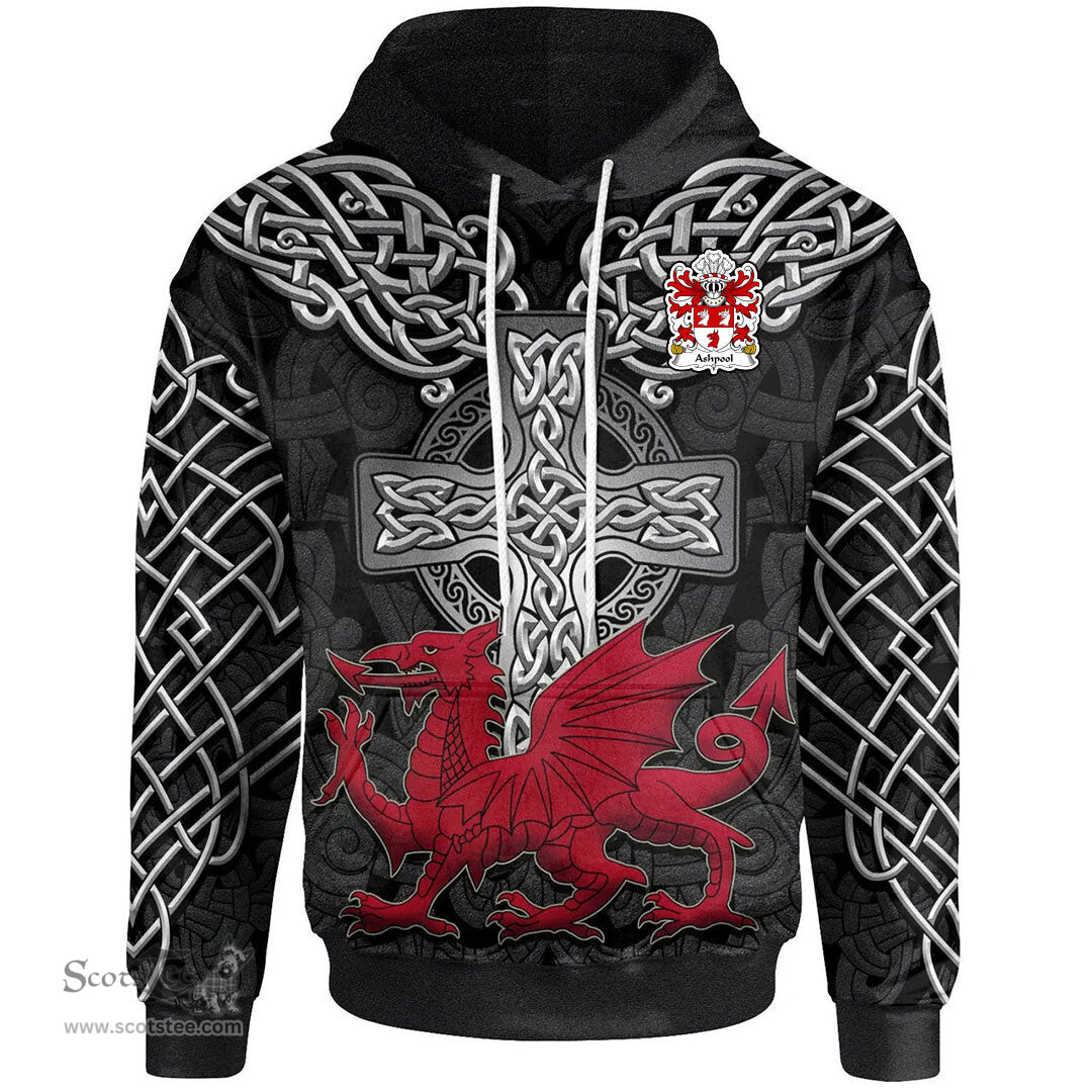 ScotsTee Shop Welsh Ashpool of Denbighshire Coat of Arms Family Crest Wales Hoodie Cymru Dragon With Celtic Cross Black Hoodie