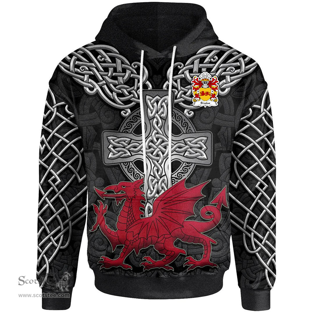 ScotsTee Shop Welsh Brutus AP JULIUS AB ASCANIUS Coat of Arms Family Crest Wales Hoodie Cymru Dragon With Celtic Cross Black Hoodie