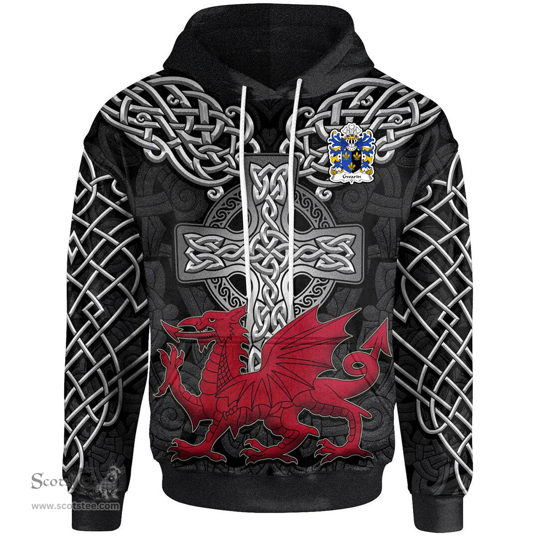 ScotsTee Shop Welsh Gwarin DDU Monmouthshire Coat of Arms Family Crest Wales Hoodie Cymru Dragon With Celtic Cross Black Hoodie