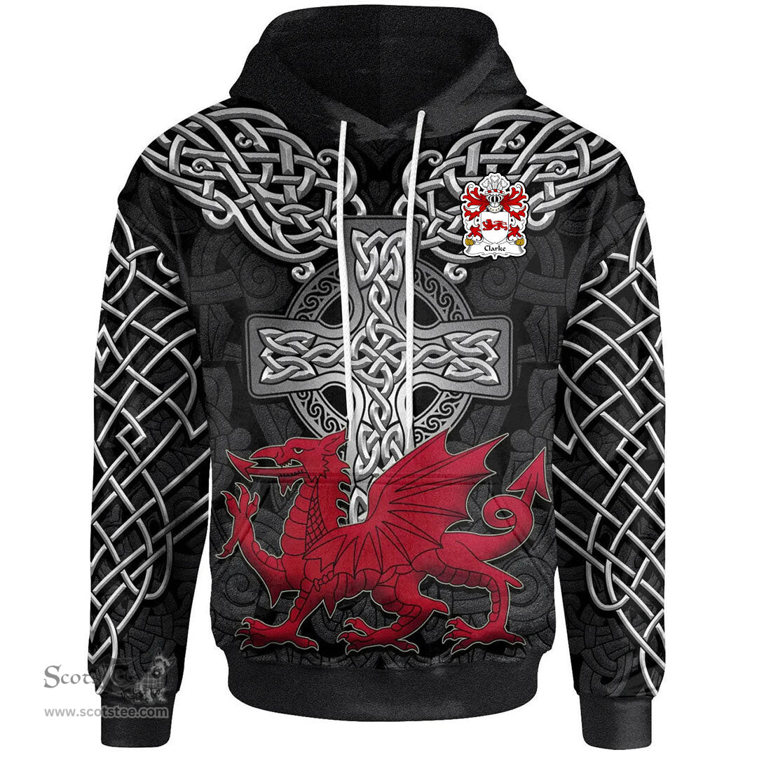 ScotsTee Shop Welsh Clarke of Flint Coat of Arms Family Crest Wales Hoodie Cymru Dragon With Celtic Cross Black Hoodie