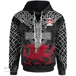 ScotsTee Shop Welsh Clarke of Flint Coat of Arms Family Crest Wales Hoodie Cymru Dragon With Celtic Cross Black Hoodie