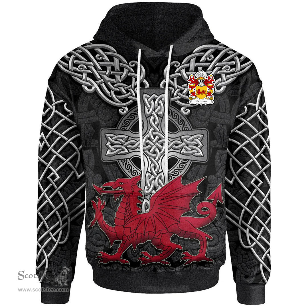 ScotsTee Shop Welsh Dyfnwal MOELMUD Coat of Arms Family Crest Wales Hoodie Cymru Dragon With Celtic Cross Black Hoodie