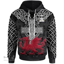 ScotsTee Shop Welsh Cilmin TROED DDU Coat of Arms Family Crest Wales Hoodie Cymru Dragon With Celtic Cross Black Hoodie