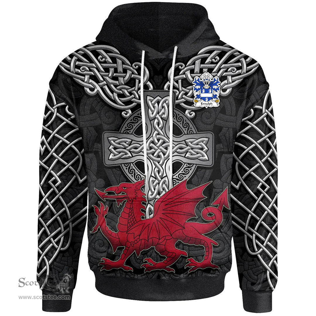 ScotsTee Shop Welsh Ernulph of Brynbuga Monmouthshire Coat of Arms Family Crest Wales Hoodie Cymru Dragon With Celtic Cross Black Hoodie