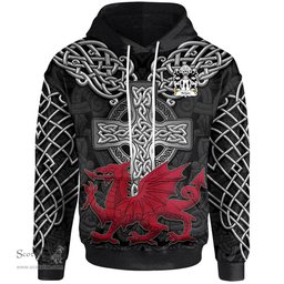ScotsTee Shop Welsh Nefydd HARDD Caernarfonshire Coat of Arms Family Crest Wales Hoodie Cymru Dragon With Celtic Cross Black Hoodie