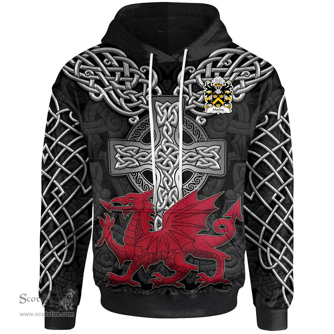 ScotsTee Shop Welsh Maelog CRWM of Arllechwedd Caernarfonshire Coat of Arms Family Crest Wales Hoodie Cymru Dragon With Celtic Cross Black Hoodie