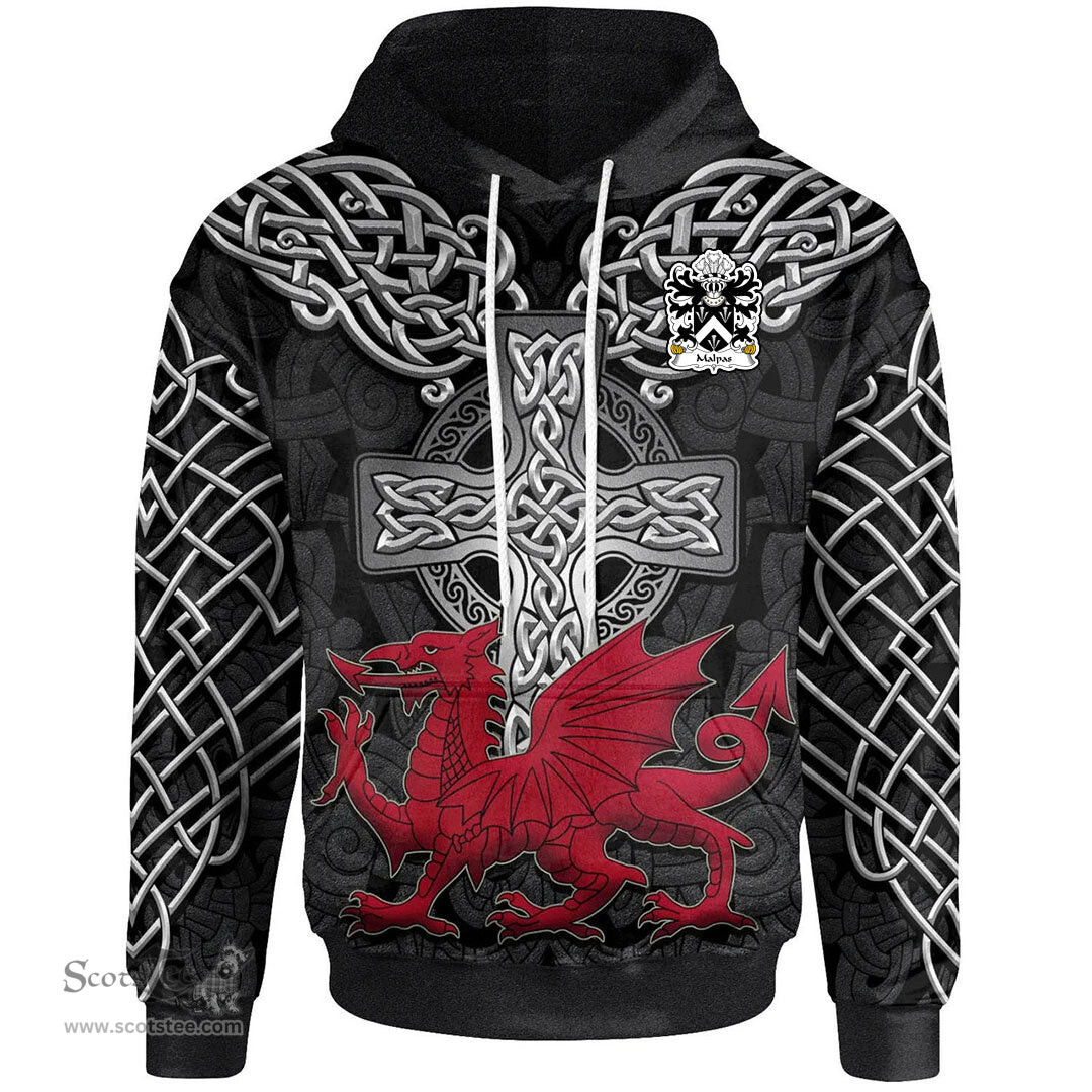 ScotsTee Shop Welsh Malpas Sir David Descended from Owain Coat of Arms Family Crest Wales Hoodie Cymru Dragon With Celtic Cross Black Hoodie