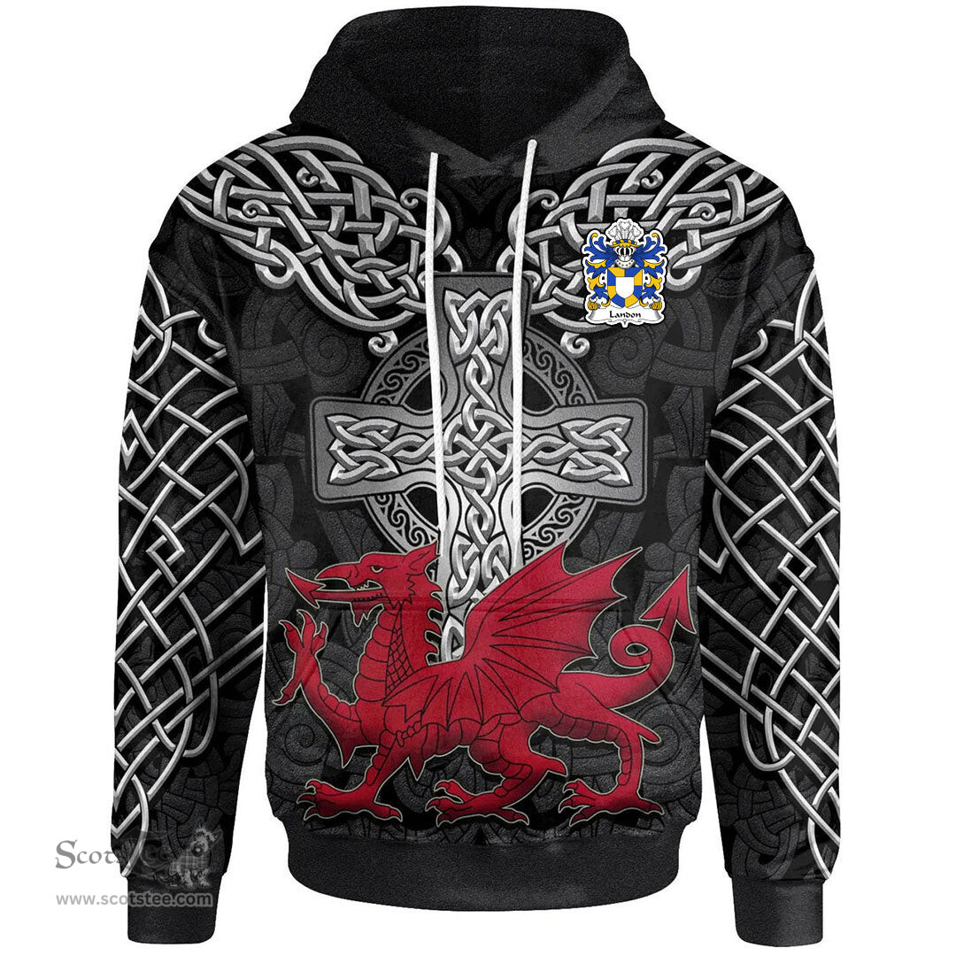 ScotsTee Shop Welsh Landon lords of Llanddewi Monmouthshire Coat of Arms Family Crest Wales Hoodie Cymru Dragon With Celtic Cross Black Hoodie