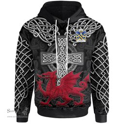 ScotsTee Shop Welsh Montfort Daughter m. Llywelyn ap Gruffudd Coat of Arms Family Crest Wales Hoodie Cymru Dragon With Celtic Cross Black Hoodie