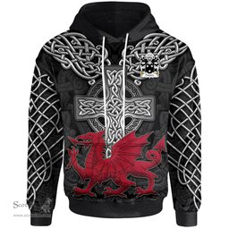ScotsTee Shop Welsh Puleston of Emral Worthenbury Denbighshire Coat of Arms Family Crest Wales Hoodie Cymru Dragon With Celtic Cross Black Hoodie