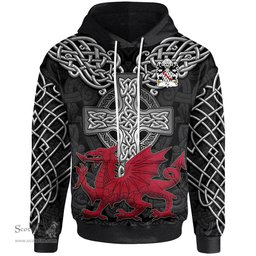 ScotsTee Shop Welsh Pye of Herefordshire Coat of Arms Family Crest Wales Hoodie Cymru Dragon With Celtic Cross Black Hoodie