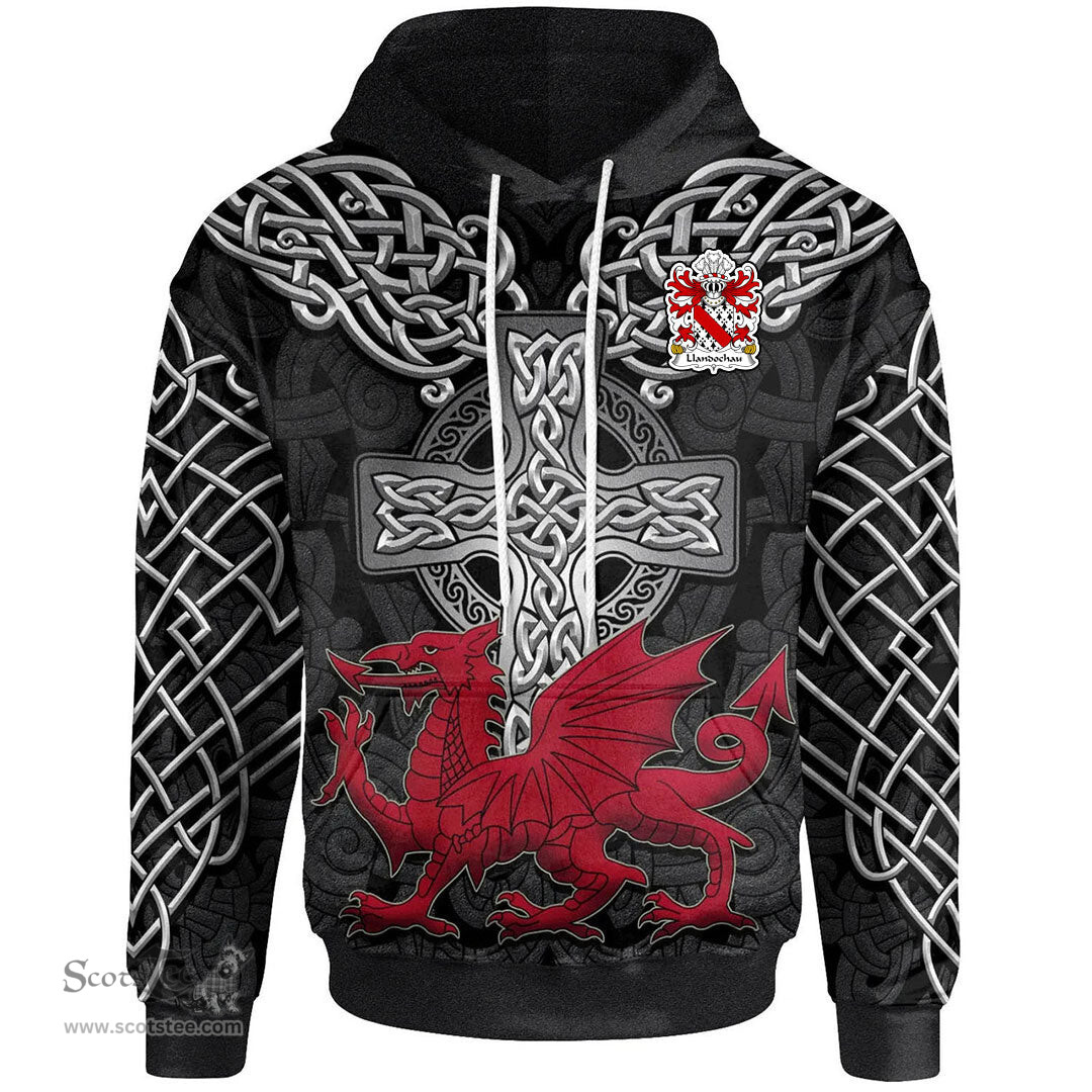 ScotsTee Shop Welsh Llandochau or Wallis Walsh Welsh lords of Llandough Coat of Arms Family Crest Wales Hoodie Cymru Dragon With Celtic Cross Black Hoodie