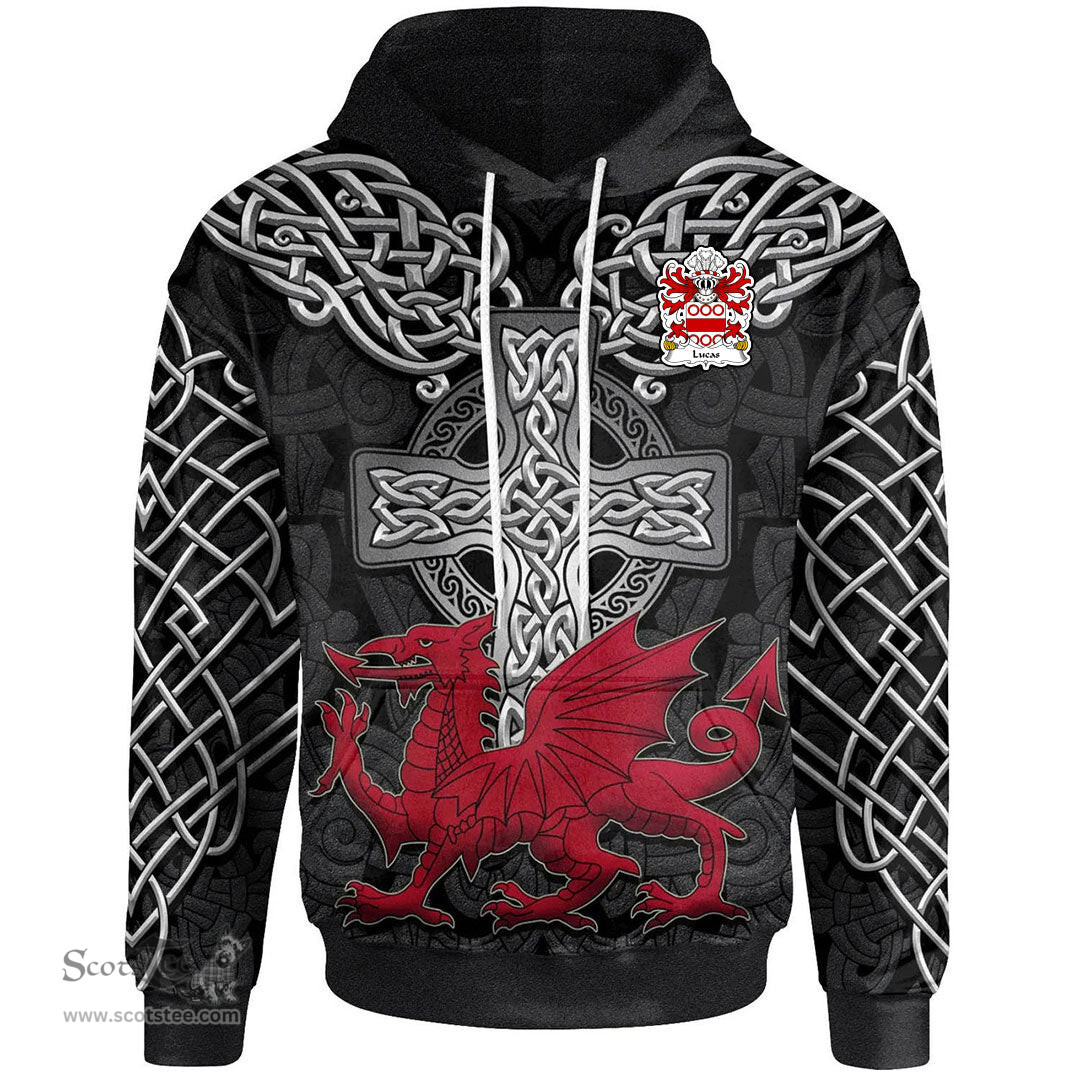 ScotsTee Shop Welsh Lucas of Hill Gower Coat of Arms Family Crest Wales Hoodie Cymru Dragon With Celtic Cross Black Hoodie